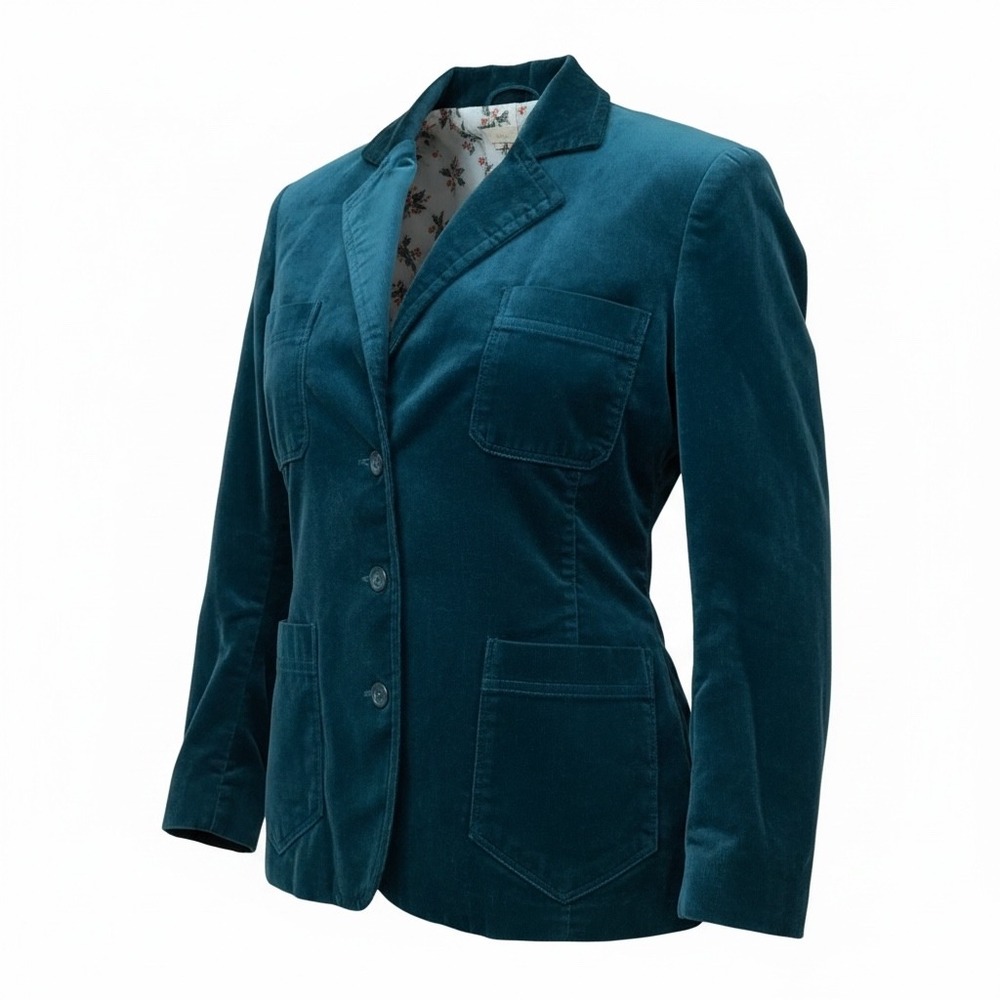 Womens Teal Blue Corduroy Three Button Blazer Jacket with Floral Lining Medium